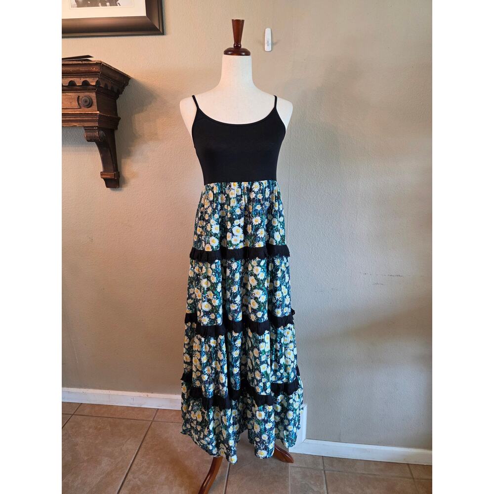 Anthropologie Black Tank Floral Tiered Midi Dress